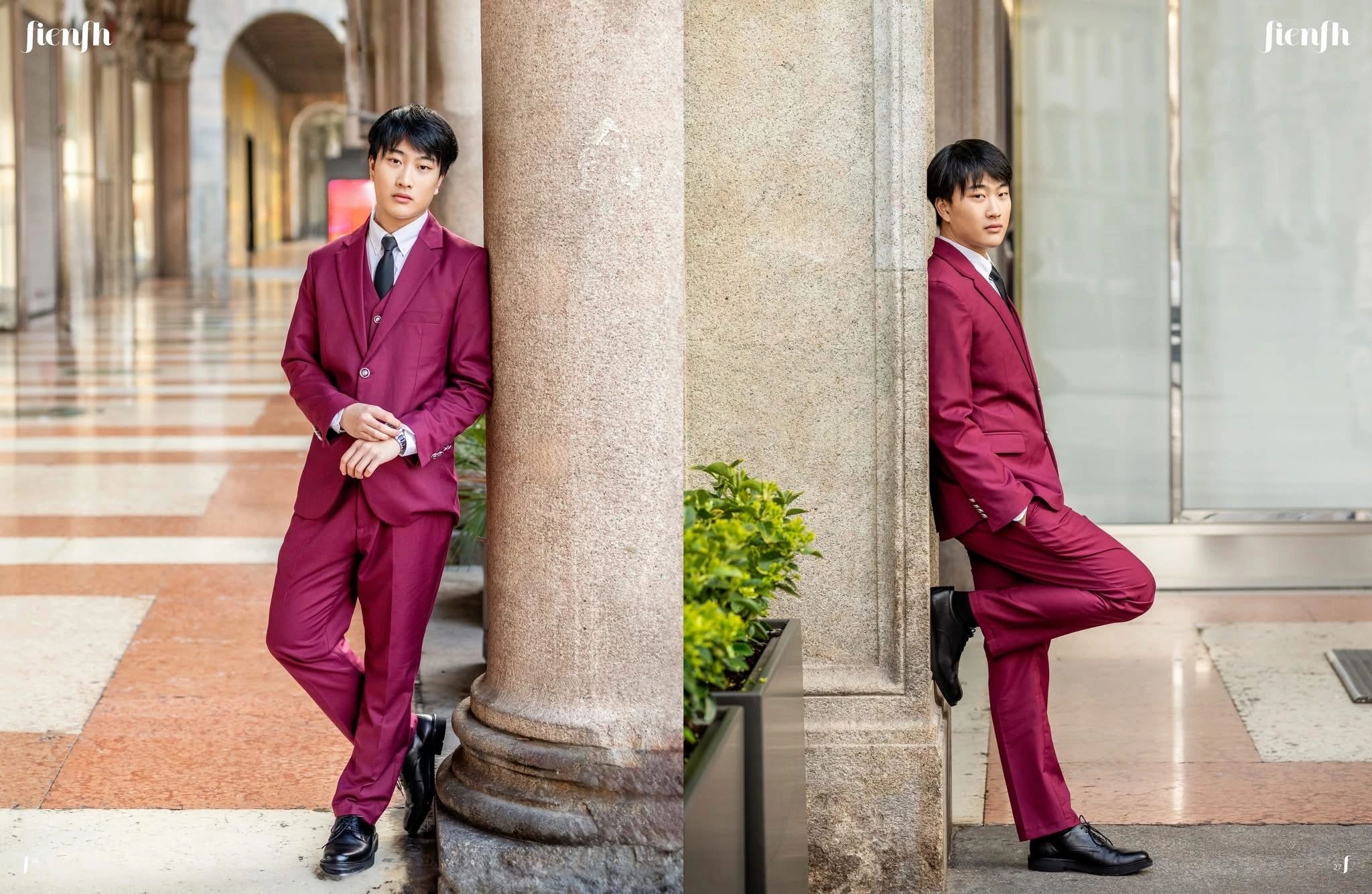 Two side-by-side full-length portraits of Daniel in a red suit among stone columns in Milan